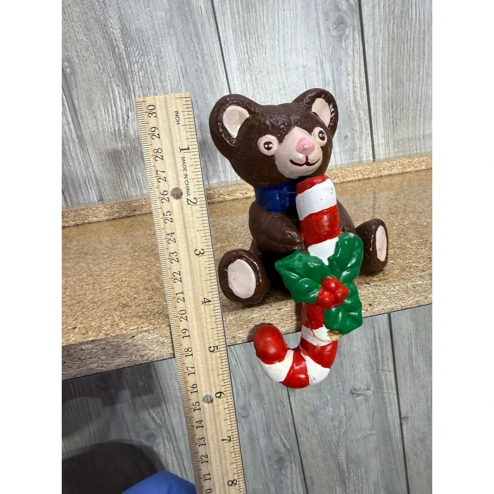 Vintage Ceramic Teddy Bear Stocking Holder Candy Cane Christmas Mantle Decor